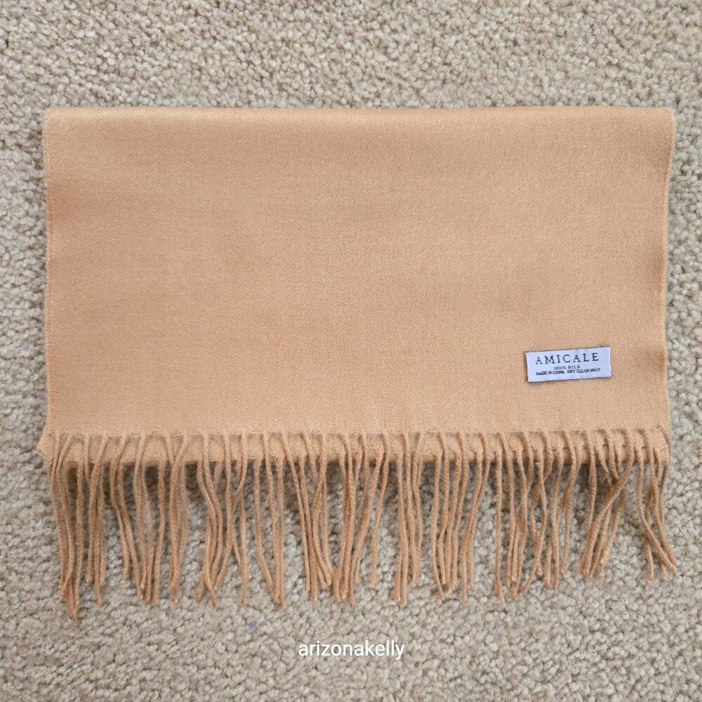 NWOT Amicale 100% Silk Scarf Soft Nap Like Cashmere Camel Tan - Picture 9 of 12